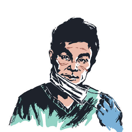 Sketching vector portrait of tired doctor, man takes off the medical mask.の写真素材
