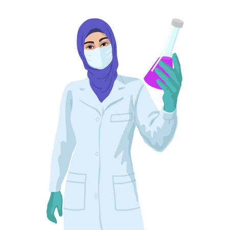 Arabian woman scientist in mask with sample of liquid. Vaccine research concept.の写真素材