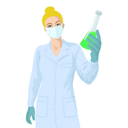 European, caucasian woman in mask scientist with sample of liquid. Vaccine research concept.の写真素材