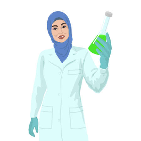 Arabian woman scientist with sample of liquid. Vaccine research concept.の写真素材