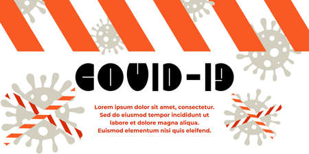 Coronavirus molecule, lettering, barricade tape. Horizontal banner.の写真素材