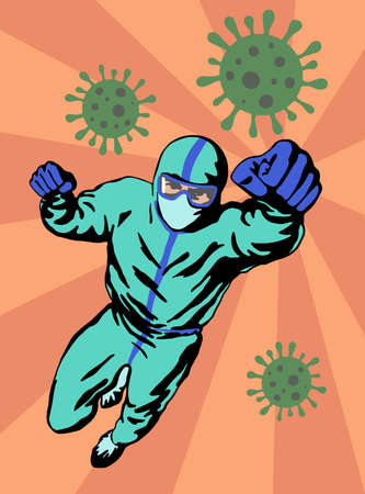 Doctor superhero fighting with coronavirus. Hand drawn flat poster, retro styleのイラスト素材