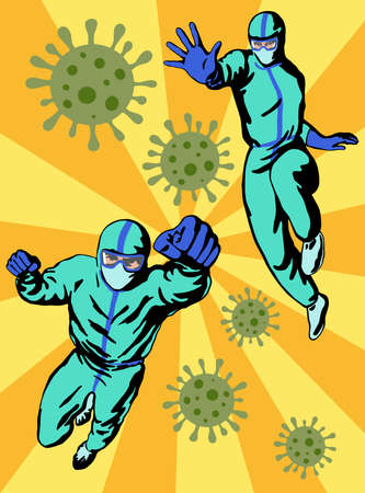 Doctors superheroes fighting with coronavirus. Hand drawn flat poster, retro styleのイラスト素材