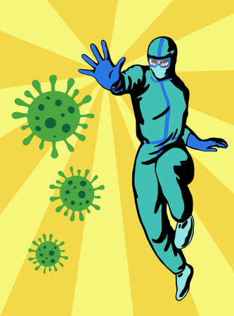 Doctor superhero fighting with coronavirus. Hand drawn flat poster, vintage styleのイラスト素材