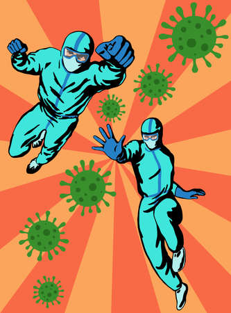 Doctors superheroes fighting with coronavirus. Hand drawn flat poster, retro styleのイラスト素材