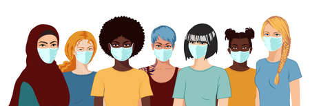 Flat realistic arabian, african, asian, european women with masks. Coronavirus concept.のイラスト素材