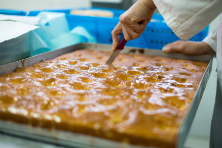 A Baker cutting a tray of honey buns fresh out of the oven.の写真素材