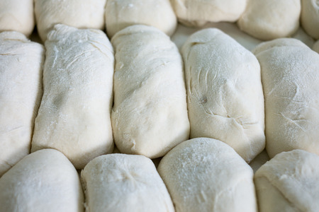 Freshly prepped raw bread dough waiting to be placed in oven at a local bakery.の写真素材