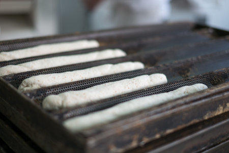 A tray rack of whole wheat or multigrained soft roll fresh dough being taken to bread ovens at the...
