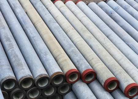 Pile of precast concrete spun pile in a construction project stockyard.の写真素材