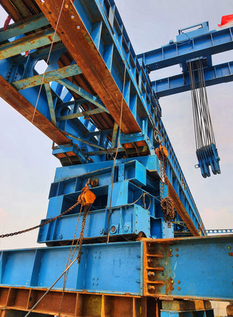 This is a photo of the steel structure of a launcher gantry that will be used for erection precast...