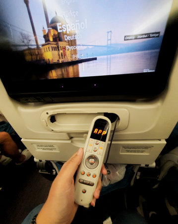 Turkey in July 2022. The interior of the passenger seat of a Turkish Airlines plane that has a touch screen for in-flight entertainment. Which is also equipped with a remote controller that also functions as a game stick.の写真素材