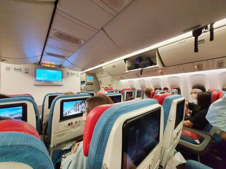 Turkey in July 2022. Situation from the cabin of a Turkish Airlines economy class plane where the...