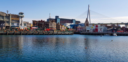 Osaka, Japan on April 9, 2019. A beautiful artificial lake in the middle of Universal Studios Japan area. From this lake you can see the rides around it.のeditorial素材