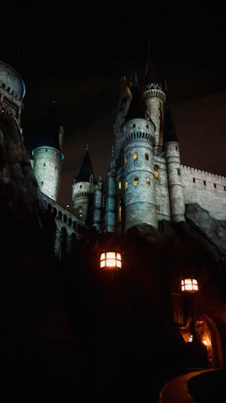 Osaka, Japan on July 8, 2019. A very beautiful light show at night at Hogwarts Castle that you must and must see when you visit Universal Studios Japan. Very tense and interesting.のeditorial素材