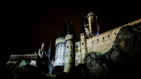 Osaka, Japan on July 8, 2019. A very beautiful light show at night at Hogwarts Castle that you must and must see when you visit Universal Studios Japan. Very tense and interesting.のeditorial素材