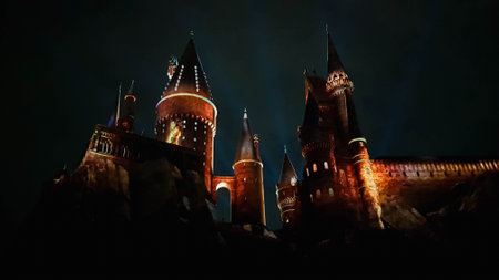 Osaka, Japan on July 8, 2019. A very beautiful light show at night at Hogwarts Castle featuring the four dormitories that you must see when you visit Universal Studios Japan.のeditorial素材