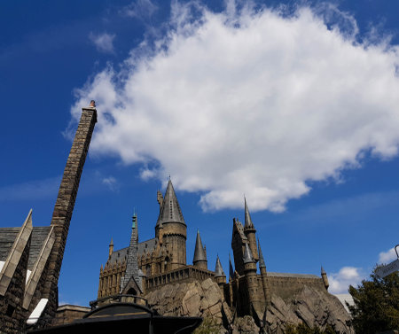 Osaka, Japan on April 8, 2019. This is a photo of the Hogwarts castle building in Universal Studio Japan in Osaka. Hogwarts is a school that functions to train children aged 11 to 18 who have magical abilities.のeditorial素材