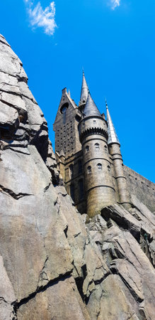 Osaka, Japan on April 8, 2019. This is a photo of the Hogwarts castle building in Universal Studio Japan in Osaka. Hogwarts is a school that functions to train children aged 11 to 18 who have magical abilities.のeditorial素材