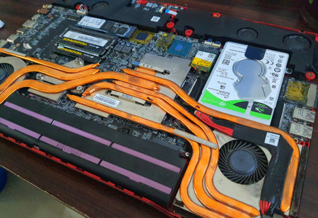 Jakarta, Indonesia on July 8, 2022. Detailed components of an MSI gaming laptop with a price of almost fifty million rupiah.のeditorial素材