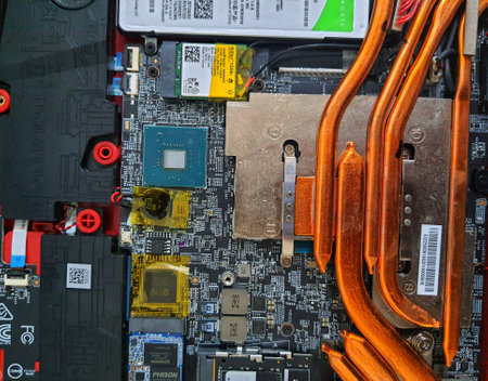 Jakarta, Indonesia on July 8, 2022. Detailed components of an MSI gaming laptop with a price of almost fifty million rupiah.のeditorial素材