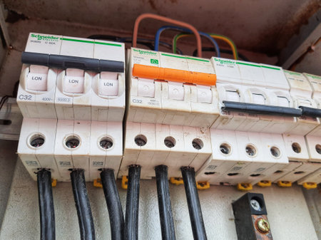 Electrical Panel Box, which contains a Voltage switchboard with circuit breakers. Electrical backgroundのeditorial素材