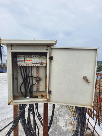 Electrical Panel Box, which contains a Voltage switchboard with circuit breakers. Electrical backgroundのeditorial素材
