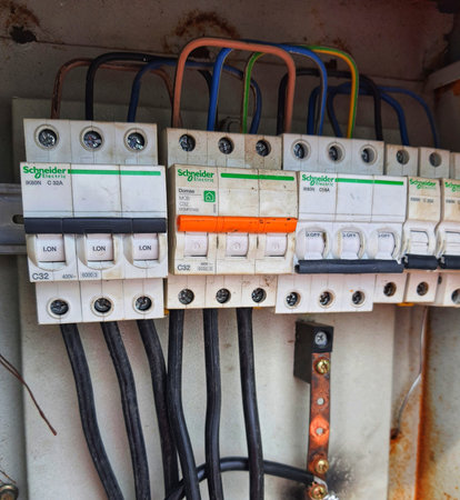 Electrical Panel Box, which contains a Voltage switchboard with circuit breakers. Electrical backgroundのeditorial素材