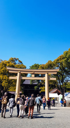 Torii Gate standing at the entrance to Meiji Jingu Shrine, Tokyo. Meiji Shrine is famous for its gardens and urban forest. One of the largest urban forests in tokyo, also known as the Harajuku Urban Forest.のeditorial素材
