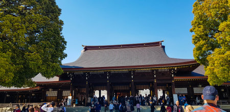 Japan on April 2019. Tourists from Asia, India, America and Europe are visiting Meiji Temple. One of the most famous Shinto shrines in Japan located in Shibuya District, Tokyo.のeditorial素材