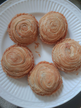 This chicken stuffed pastel with round shape and skin made of pastry is very delicious. The outer skin is very crispy and the filling inside is very dense with chicken and vegetables.の写真素材