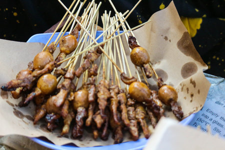 Chicken satay sold along Jalan Malioboro, Yogyakarta. One serving contains ten skewers topped with lontong or ketupat. The seasoning used is peanut sauce with the addition of soy sauce and chili sauce.の写真素材