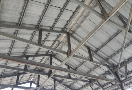 Steel frame for a simple roof. With a tin roof on it.の写真素材
