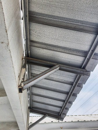 Steel frame for a simple roof. With a tin roof on it.の写真素材