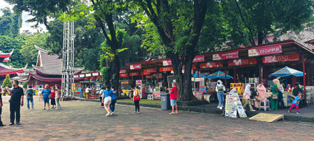 Central Java, Indonesia in July 2021. Food court in the Sam Poo Kong temple area in Semarang. Chinese style and dominated by red. This temple for worship is also open to tourists.のeditorial素材