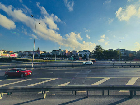 Turkey on July 2022. This red car is speeding on the highway in Turkey. Toll roads in Turkey have...