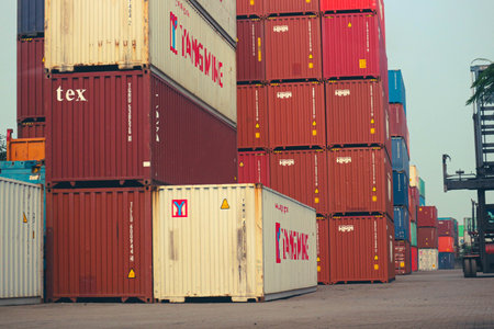 jakarta, Indonesia in October 2022. Stacks of containers of various colors are in an export-import warehouse. This warehouse is guarded by a security guard so that no one enters carelessly.の写真素材