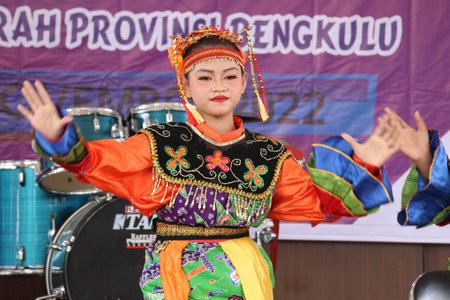 Jakarta, Indonesia in November 2022. Young children ranging from kindergarten to elementary school are taking part in the National Archipelago dance competition. The dances and clothing displayed are typical dances from regions in Indonesia.のeditorial素材