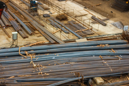 Stockyard steel reinforcement for bridge construction. The iron is bent and cut according to a plan or shop drawing as a work reference so that it can be immediately ready for installation in the field.の写真素材