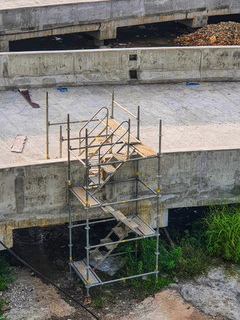High Project Building Stair Scaffolding System. Made of Q325 Steel, aluminum. Has a light weight and is safe, dipped galvanized color.の写真素材