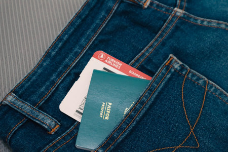 Indonesia in July 2022. An Indonesian passport and a Turkish Airlines boarding pass in a jeans pocket. This photo is suitable as an illustration of traveling abroad.のeditorial素材