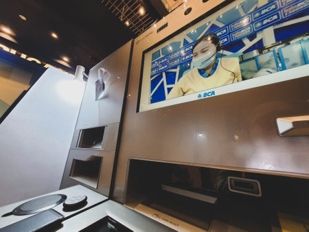 Jakarta, Indonesia in December 2022. A customer service is helping a customer to create a BCA Xpresi bank account at a booth in a mall.のeditorial素材