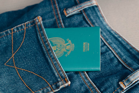 An Indonesian citizenship passport in a jeans pocket. This photo is suitable as an illustration of traveling abroad.の写真素材