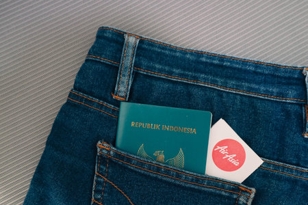 Indonesia in July 2022. An Indonesian citizenship passport and an Air Asia Airlines boarding pass in...