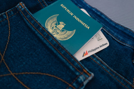 Indonesia in July 2022. An Indonesian passport and a Philippines Airlines boarding pass in a jeans pocket. This photo is suitable as an illustration of traveling abroad.のeditorial素材