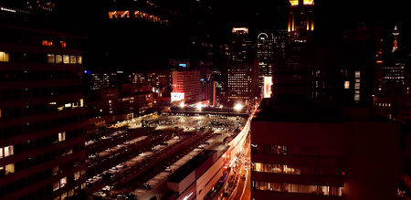 Osaka, Japan in July 2019. Nighttime view of the city of Osaka or 'The Nation's Kitchen,' from different heights and angles aboard the HEP FIVE Ferris Wheel in Kansai. It's one of the iconic landmarks of Umeda.のeditorial素材