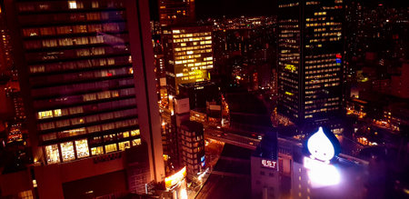 Osaka, Japan in July 2019. Nighttime view of the city of Osaka or 'The Nation's Kitchen,' from different heights and angles aboard the HEP FIVE Ferris Wheel in Kansai. It's one of the iconic landmarks of Umeda.のeditorial素材