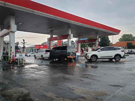 West Java, Indonesia on August 29, 2021. Gas Station in Indonesia, which is owned by Pertamina, is one of the Gas Stations with the largest network in Indonesia.のeditorial素材