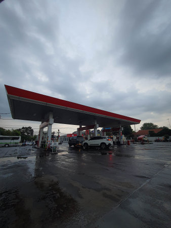West Java, Indonesia on August 29, 2021. Gas Station in Indonesia, which is owned by Pertamina, is one of the Gas Stations with the largest network in Indonesia.のeditorial素材