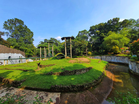 Landscape architecture of a monkey, chimpanzee or orangutan enclosure at the Ragunan Zoo, Jakarta.の写真素材